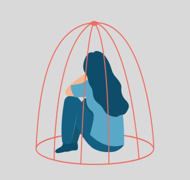 Sad woman locked inside a cage. Influence of drug addiction on mental health. Prisoner girl suffers from Inequality. Concept of restrictions on human rights or freedoms in society. Women's empowerment
