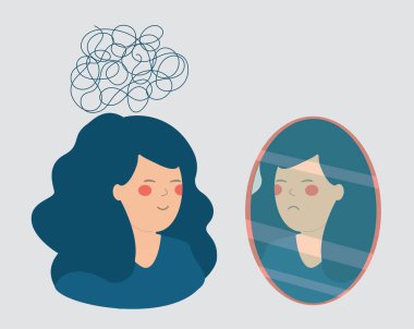 Woman looks to her real reflection. Girl with tangles thoughts sees her true feelings in the mirror. Breakdown in the relation between thought and emotion. Schizophrenia, bipolar, mental health.
