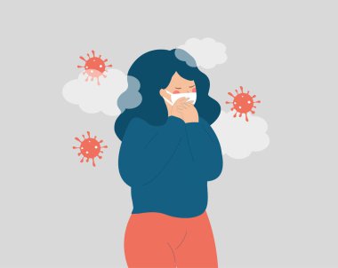 Sick woman has flu, surrounded by microbes or viruses and wearing a face mask. Woman has cold coughing because of a virus. Concept of viral infectious disease, pandemic and epidemic. Vector stock