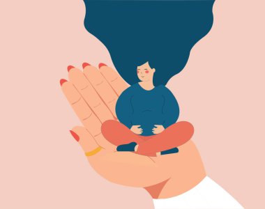 Pregnant woman sitting in lotus position on a big hand during examination. Breathing exercises for pregnancy. Maternity women who need support. Concept of hospital care, Gynecologist. Vector stock
