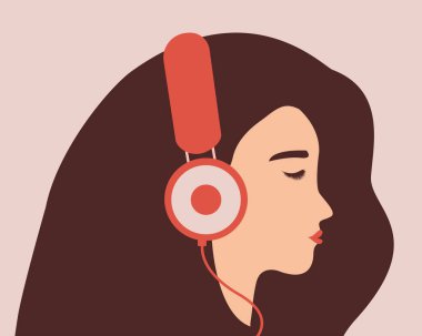 Young woman listens to music in big headphones. Side view character of teenage girl wearing earphones. Concept of Music therapy and mental health rehabilitation. Vector Stock