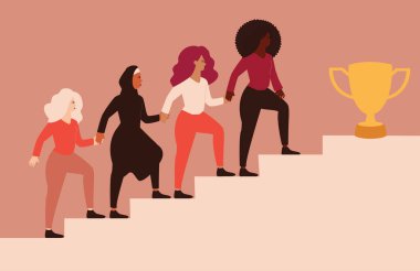 Group of women climb up the stairs, hold hands and help each other to reach the objective. Female community with different ethnicities go up the staircase to get the trophy. Women empowerment concept