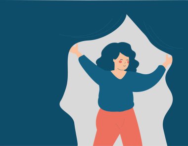 Girl opening a curtain to see the truth. Smiling woman opens a cover to see the light. Female gets rid of depression anxiety and stress. Mental health recovery, rehabilitation and wellbeing concept.
