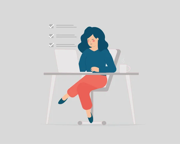 Freelancer Professional Office Female Employee Works Using Her Laptop Happy — Archivo Imágenes Vectoriales