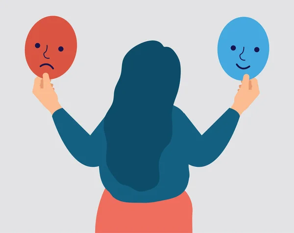 Faceless Girl Suffers Bipolar Disorder Holds Two Faces Happy Sad — Image vectorielle