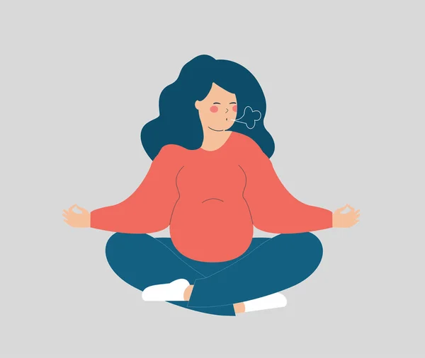 Young Woman Expecting Baby Practicing Breathing Exercises Pregnant Sits Yoga — Stock vektor