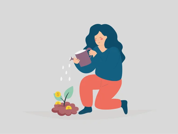 Businesswoman Watering Money Plant Investor Woman Grows Tree Gold Coins — Image vectorielle