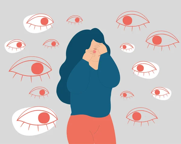 Young Woman Surrounded Big Evil Eyes Feels Helpless Overwhelmed Sad — Vector de stock