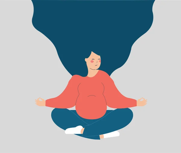 Pregnant Practices Yoga Sits Lotus Position Meditates Young Woman Expecting — 스톡 벡터