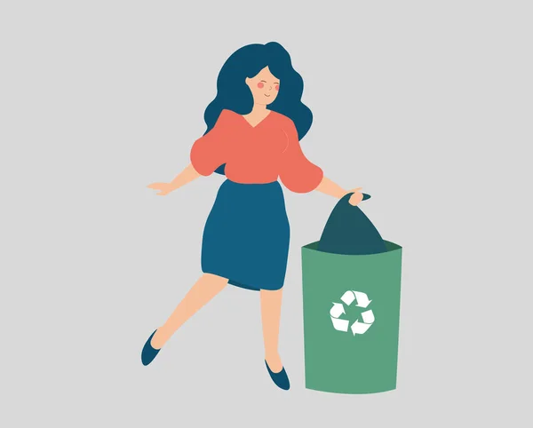 Happy Young Woman Throws Away Trash Garbage Rubbish Trash Bin — Image vectorielle