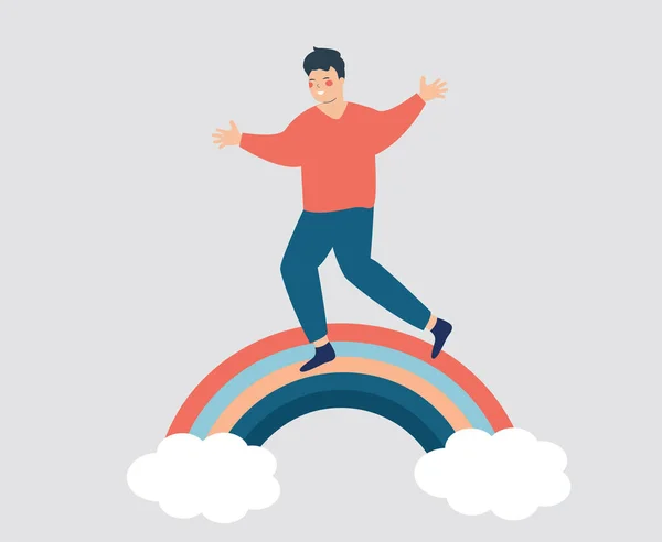 Happy Man Spreads Positive Vibes While Walking Jogging Rainbow Balance — Stock vektor