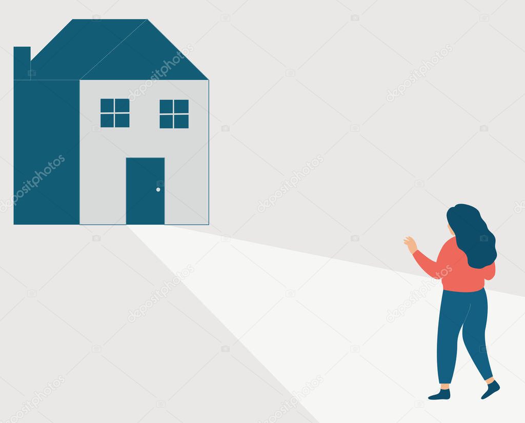 Sad woman looks at her house and can't reach it. Teen girl unhappy going to an orphanage. Child victim of her parents divorce wants to go back to her home. Homeless and domestic abuse concept. Vector