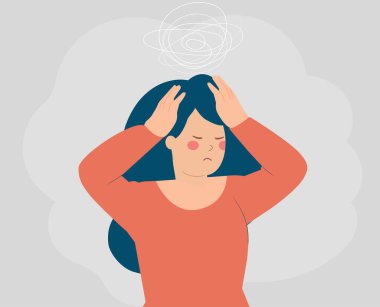 Woman with tangled thoughts has a panic attack and touches her head because of depression and stress. Depressed female has anxiety and feels nervous. Mental health disorders concept. 