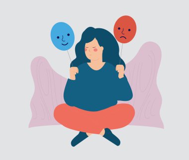 Woman suffers from Bipolar disorder holds two faces, happy and sad mask. Female teenage girl has schizophrenia disease and split personality.  Mental health illness concept. Vector illustration