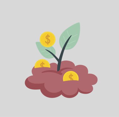 A Tree generates cash or money. A green plant growing brings gold coins or currencies as profits. Concept of long term investment, funding projects, passive income or dividend. Vector illustration