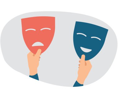 İki el mutlu ve hüzünlü maskeler tutar. Çifte kişilik bozukluğundan muzdariptir. Şizofreni teşhisi. Bipolar ve ikilik, psikoloji, ruh hali değişimleri konsepti. Vektör illüstrasyonu