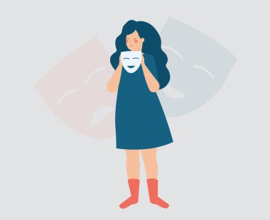 Şizofreni hastası ve bölünmüş kişilikli bir kadın. Şizofrenik kadının arkasında mutlu ve üzgün maskeler olan bipolar bozukluğu var. Akıl sağlığı hastalığı ve çift kimlik konsepti. Vektör illüstrasyonu.