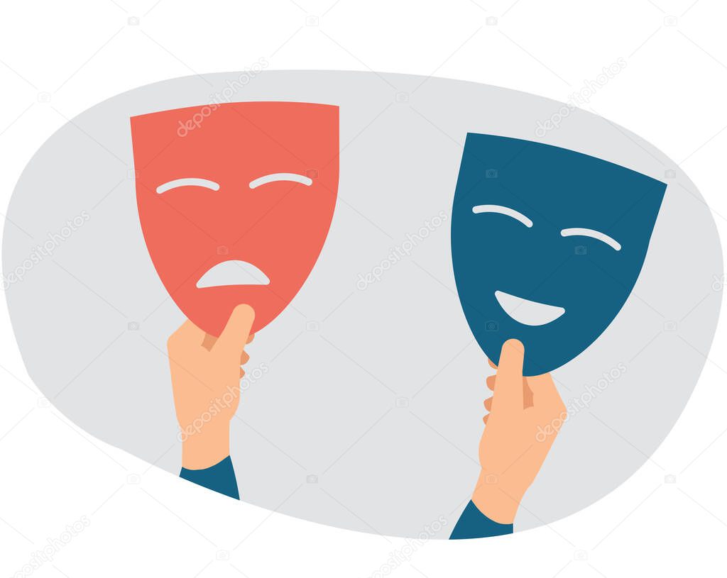Two hands holds happy and sad masks. Person suffers from split dual personality disorder. Illustration of schizophrenia. Bipolar and duality, psychology, mood swings concept. Vector illustration