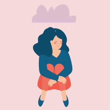 Yerde oturan depresyonlu kadın akıl sağlığı ve yalnızlıktan muzdarip. Olumsuz düşünceleri ve psikolojik sorunları olan üzgün bir kız. Depresyon, endişe ve stres kavramı.