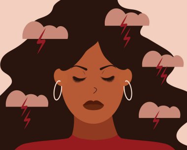 Depresyondaki siyah kadın depresyon, endişe ve duygusal stres hisseder. Üzgün Afrikalı Amerikalı kız zihinsel sağlık sorunu yaşıyor. Psikolojik sorunlar kavramı. Vektör illüstrasyonu