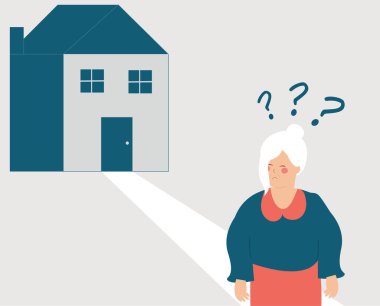 Yaşlı kadın yolunu kaybetti ve yardıma ihtiyacı var. Sokakta yürüyen yaşlı büyükanne evinin yolunu kaybetmiş. Hafıza kaybı sorunu olan yaşlılar. Alzheimer semptomları ve akıl sağlığı bozukluğu konsepti.