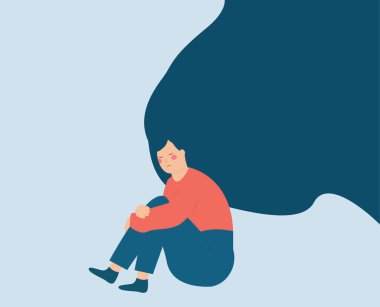 Uçan saçlı üzgün kadın depresyon ve stresten muzdarip. Yalnız kız oturuyor ve dizlerine sarılıyor. Akıl sağlığı hastalığı ve psikolojik sorunlar kavramı. Vektör illüstrasyonu
