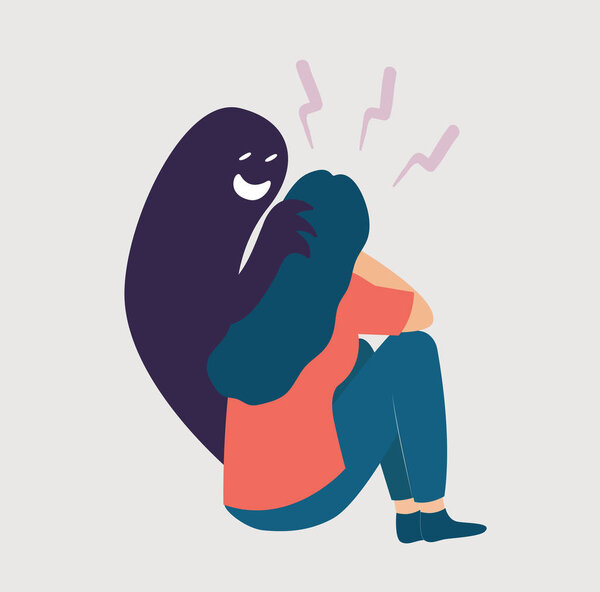 Sad woman in back view with Schizophrenia and an evil shadow next to her. Schizophrenic girl has depression, stress. Female has anxiety and fear. Concept of Split Personality, phobias or mental health