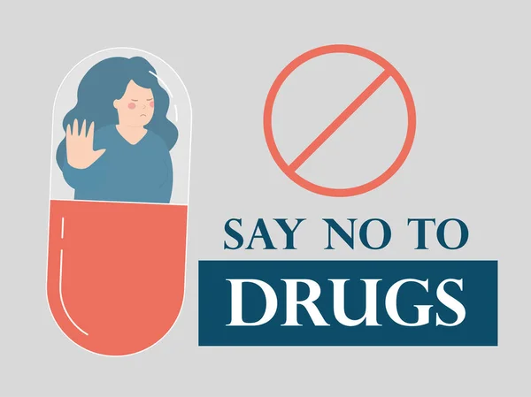 对毒品说不药丸或胶囊里的女人的背景海报 说明拒绝非法药物的手势特征 禁止药物滥用和吸毒成瘾国际日的概念 — 图库矢量图片