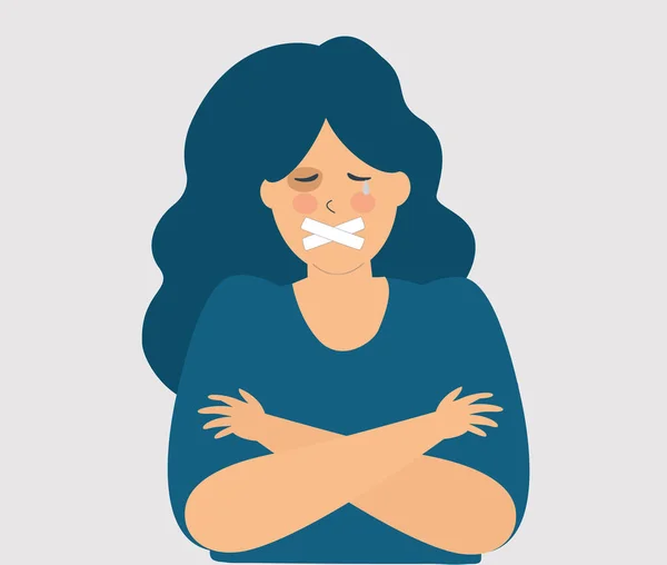 Przestraszona Kobieta Zamkniętymi Ustami Cierpi Fizyczne Znęcanie Się Kobieta Jest — Wektor stockowy