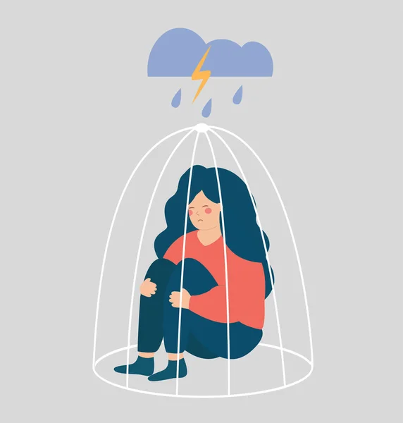 Smutna Kobieta Lub Dziewczyna Potrzebuje Pomocy Zamkniętej Klatce Wpływ Uzależnienia — Wektor stockowy