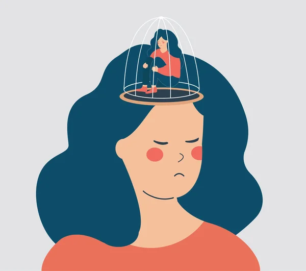 Mujer Con Prisionero Jaula Lugar Cerebro Mujer Sufre Adicción Las — Archivo Imágenes Vectoriales