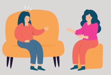 Kadın hasta bir psikologla ya da psikoterapistle konuşuyor ve kanepede oturuyor. Bir kadının terapisi depresyon ve stresten muzdariptir. Psikoterapi seansı veya Psikolojik danışma kavramı