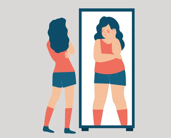 Zayıf Kızın Kendine Güveni Saygısı Düşük Anoreksi Bozukluğu Var Sıska — Stok Vektör
