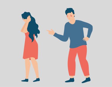 Man points his finger at a woman, criticizes and blames her. Female covers her ears due to accusations. Stop violence, bullying and abuse against women. Concept of verbal assault between couple. clipart
