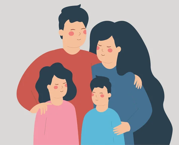 Ritratto Padre Madre Che Abbracciano Loro Figli Con Amore Coppia — Vettoriale Stock