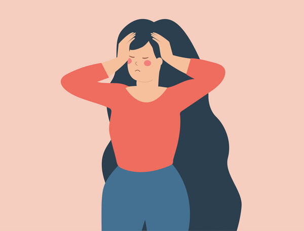 Woman has headache on top of her head. Female suffers from migraine, stress and depression at work due to labor exploitation. Illustration of burnout and breakdown. Concept of mental health disorder.
