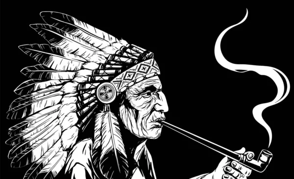 平和のパイプを吸う羽戦争のボンネットの中に古いインディアンインディアンのチーフの黒と白のベクトルイラスト — ストックベクタ