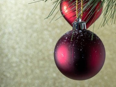 Kırmızı bir Noel topu, köknar dalına asılır..