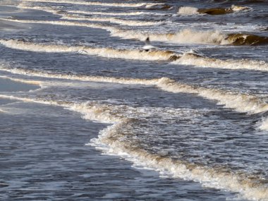 Beyaz köpüklü sahil kıyısı dalgası. Kumsal kıyısı.