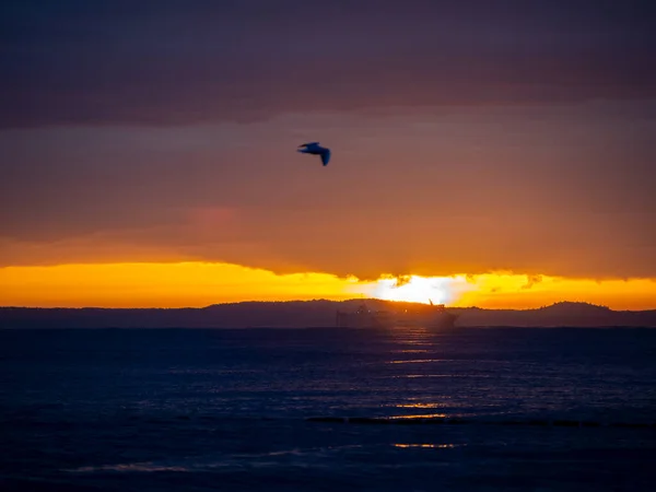 Malerische Meereslandschaft bei Sonnenuntergang, goldene Spiegelung des Sonnenlichts auf dem Meer. — Stockfoto