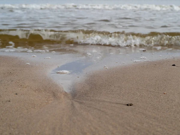 Onda com praia de costa espumosa branca. Costa arenosa. — Fotografia de Stock