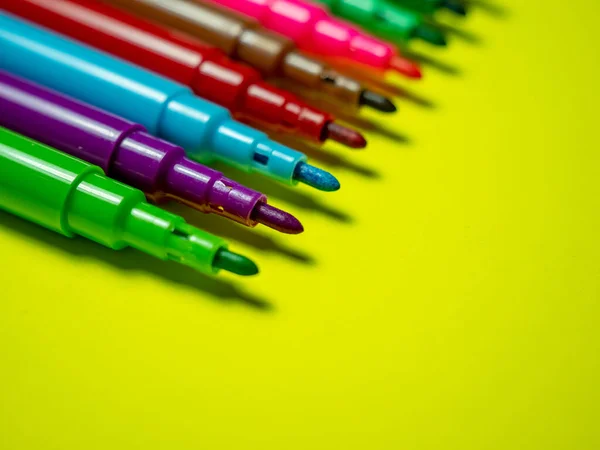 Colored Markers Yellow Background Colored Felt Tip Pen — Photo