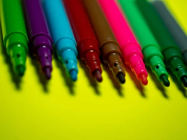 Colored Markers Yellow Background Colored Felt Tip Pen — Photo