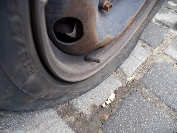 Flat Car Tire Flat Tire Close — Stock Photo, Image