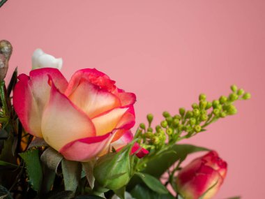 Pembe arka planda bir sepet çiçek. Güzel bir buket çiçek.