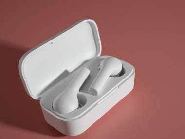 Pembe bir arka plan üzerinde beyaz kablosuz kulaklık