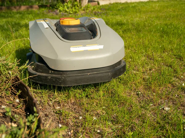 Automatic Lawn Mower Robot Moves Grass Lawn Side View Copy — Stock Photo, Image