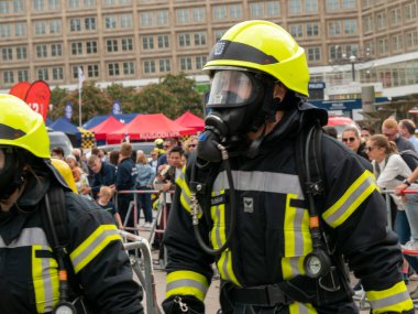 Germany, Berlin 05/14/2022. 10th Berlin Fire Stair Run. Running firefighters.