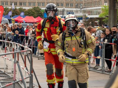 Germany, Berlin 05/14/2022. 10th Berlin Fire Stair Run. Running firefighters.