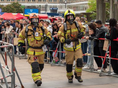 Germany, Berlin 05/14/2022. 10th Berlin Fire Stair Run. Running firefighters.